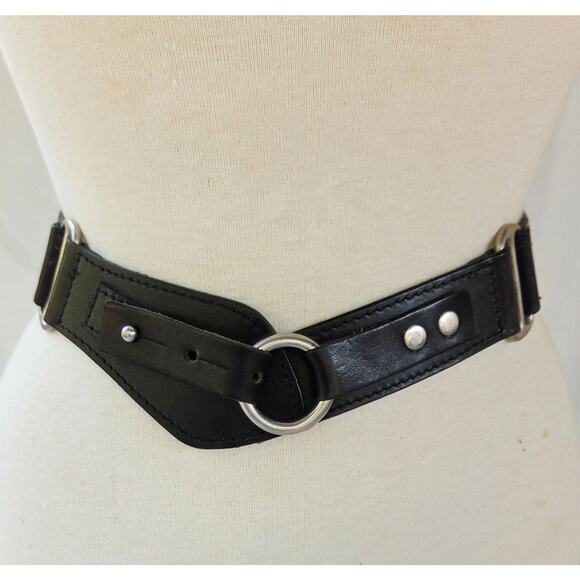 90s Harold’s Black Leather Belt Silver Hardware Made in England Medium - Picture 3 of 7